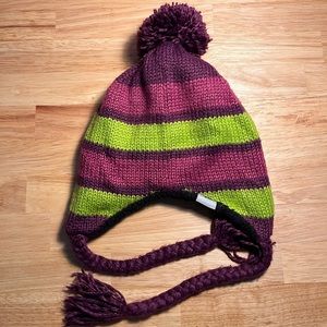 Columbia Knit Beanie Hat Purple/Green Pom Pom Tassel with Fleece Lining